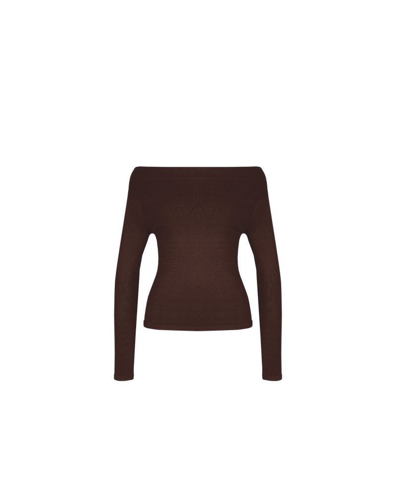 EMMA KNIT LONG SLEEVE  CHOCOLATE | Off-shoulder long sleeve knitted top crafted in a mid-weight knit. This top is simple yet elegant and can be worn on or off the shoulder.