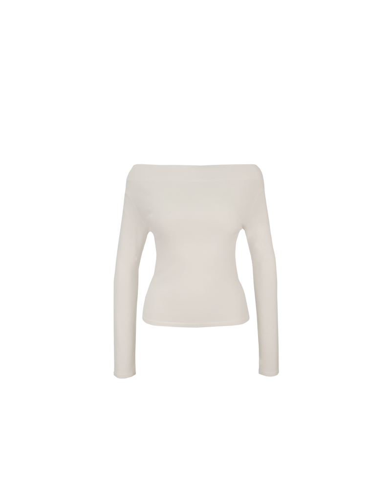EMMA KNIT LONG SLEEVE CREAM | Off-shoulder long sleeve knitted top crafted in a mid-weight knit. This top is simple yet elegant and can be worn on or off the shoulder.