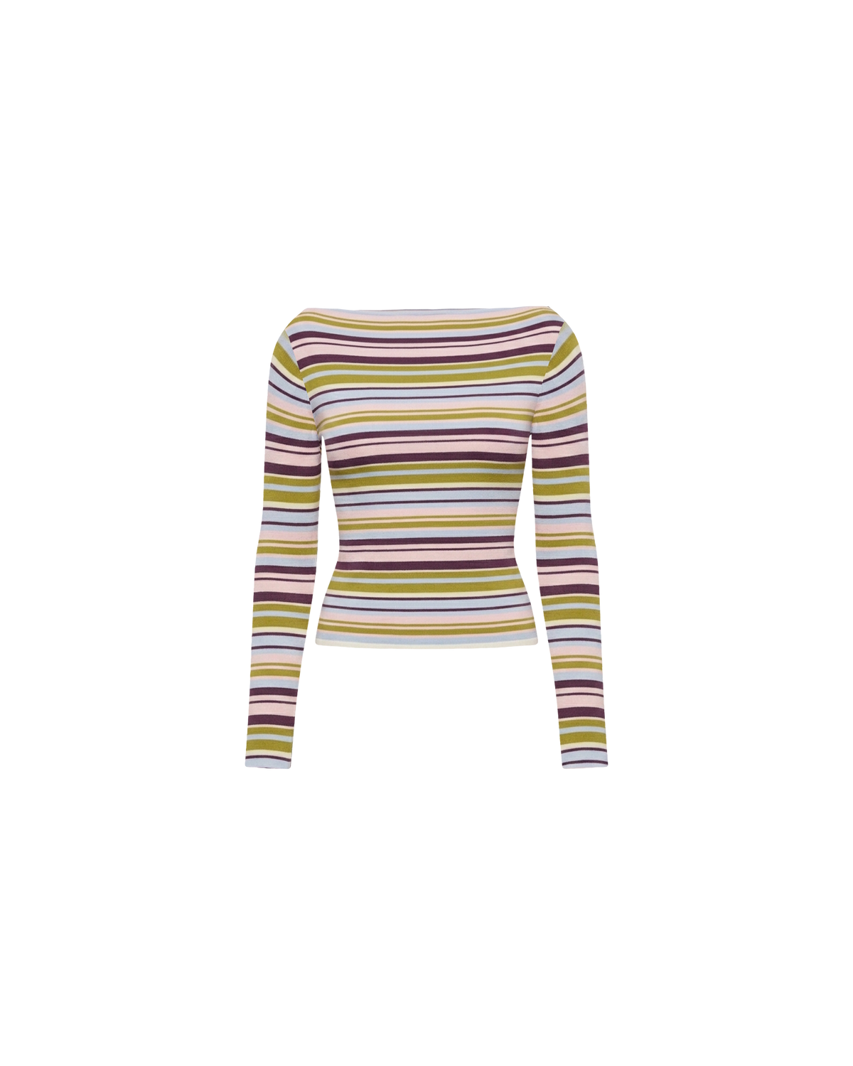 EMMA KNIT LONG SLEEVE BLUEBERRY PANCAKE STRIPE | Off-shoulder long sleeve knitted top crafted in a blueberry pancake stripe. This top is simple yet elevated and can be worn on or off the shoulder.