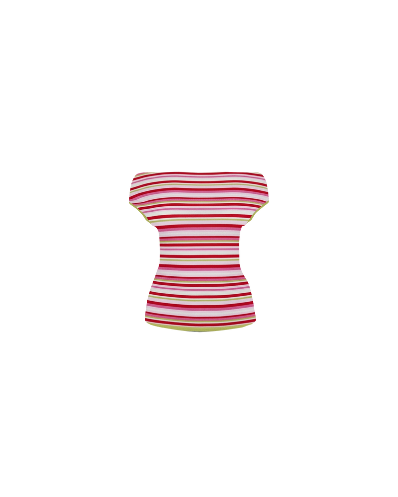 EMMA KNIT TOP STRAWBERRY FIELDS | Off-shoulder knitted top crafted in a strawberry fields mid-weight knit. This top is simple yet fun and can be worn on or off the shoulder.