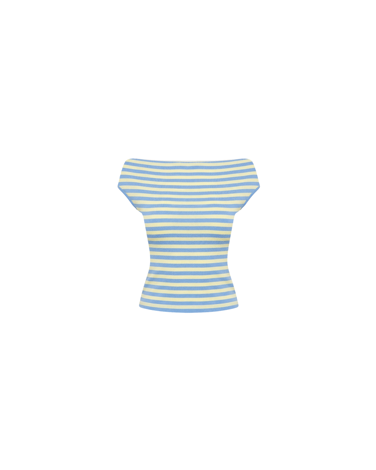 EMMA KNIT TOP BLUE BUTTER STRIPE | Off-shoulder knitted top crafted in a blue butter stripe, mid-weight knit. This top is simple yet fun and can be worn on or off the shoulder.