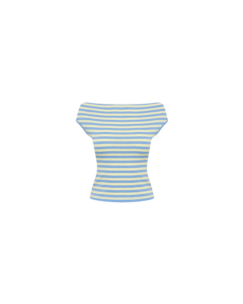 EMMA KNIT TOP BLUE BUTTER STRIPE | Off-shoulder knitted top crafted in a blue butter stripe, mid-weight knit. This top is simple yet fun and can be worn on or off the shoulder.