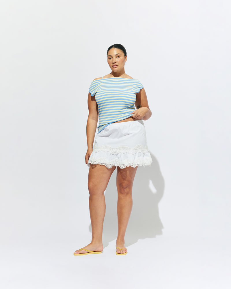 EMMA KNIT TOP BLUE BUTTER STRIPE | Off-shoulder knitted top crafted in a blue butter stripe, mid-weight knit. This top is simple yet fun and can be worn on or off the shoulder.