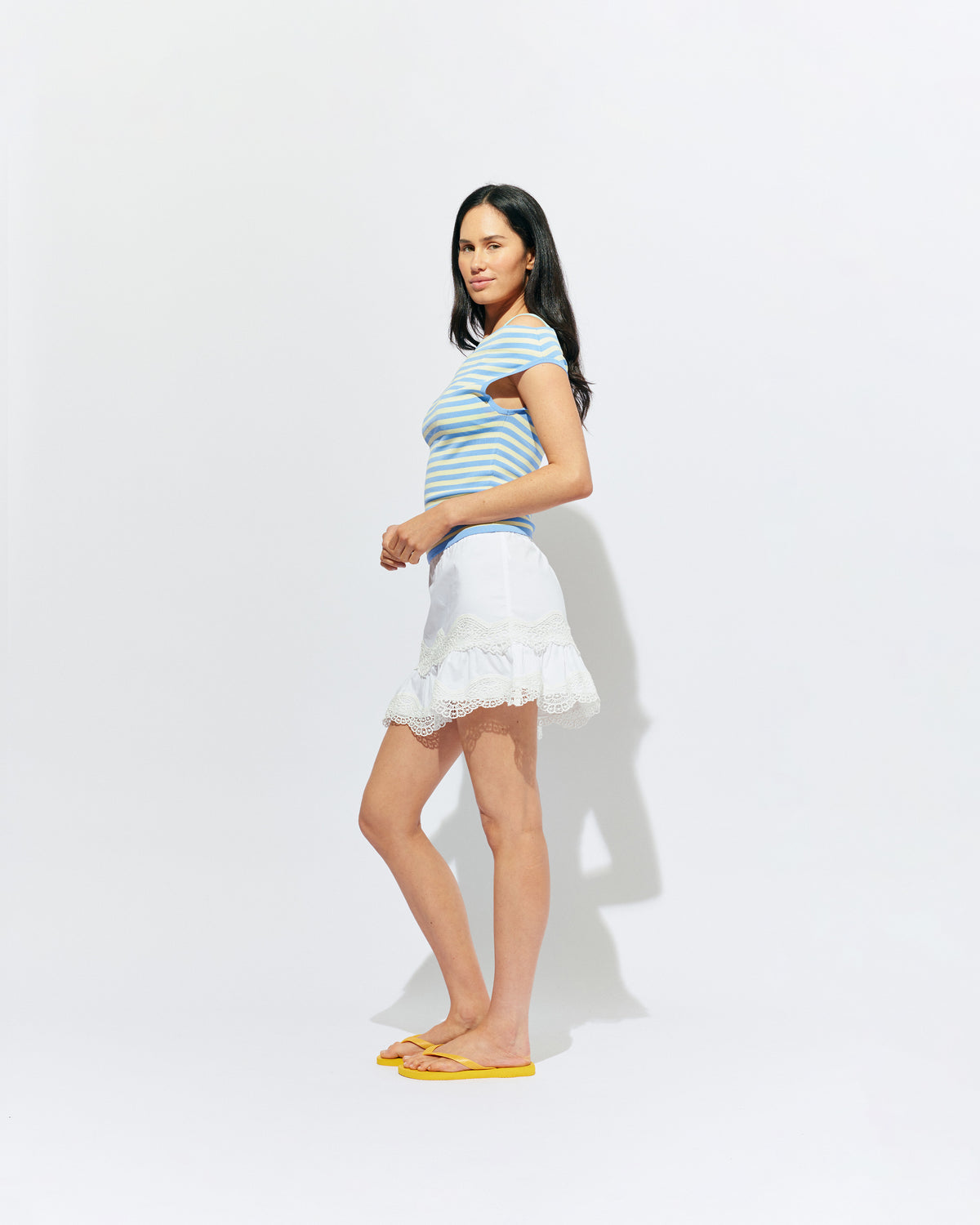EMMA KNIT TOP BLUE BUTTER STRIPE | Off-shoulder knitted top crafted in a blue butter stripe, mid-weight knit. This top is simple yet fun and can be worn on or off the shoulder.