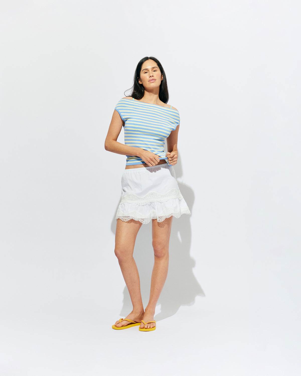 EMMA KNIT TOP BLUE BUTTER STRIPE | Off-shoulder knitted top crafted in a blue butter stripe, mid-weight knit. This top is simple yet fun and can be worn on or off the shoulder.