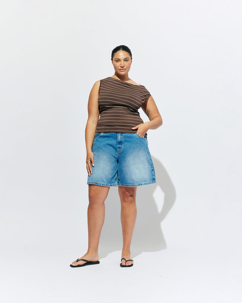 EMMA KNIT TOP BROWN BUTTER STRIPE | Off-shoulder knitted top crafted in a brown butter stripe, mid-weight knit. This top is simple yet fun and can be worn on or off the shoulder.