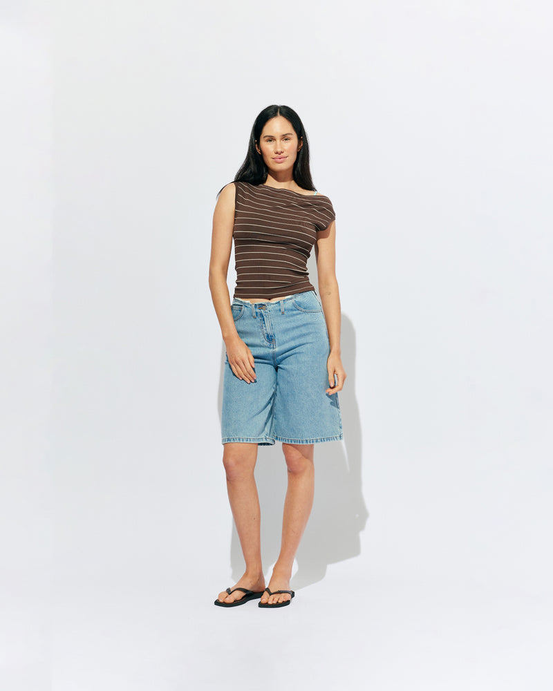 EMMA KNIT TOP BROWN BUTTER STRIPE | Off-shoulder knitted top crafted in a brown butter stripe, mid-weight knit. This top is simple yet fun and can be worn on or off the shoulder.