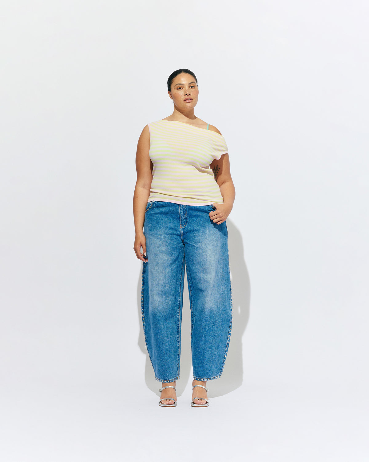 EMMA KNIT TOP LEMON BABY PINK STRIPE | Off-shoulder knitted top crafted in a lemon baby pink stripe, mid-weight knit. This top is simple yet fun and can be worn on or off the shoulder.