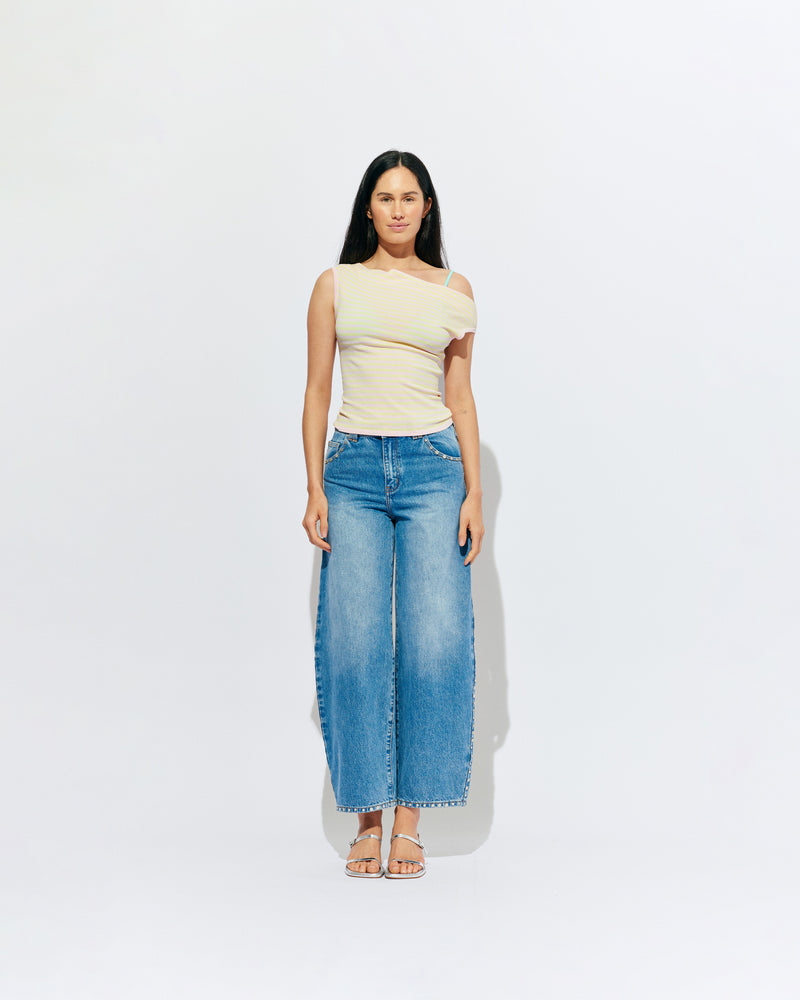 EMMA KNIT TOP LEMON BABY PINK STRIPE | Off-shoulder knitted top crafted in a lemon baby pink stripe, mid-weight knit. This top is simple yet fun and can be worn on or off the shoulder.