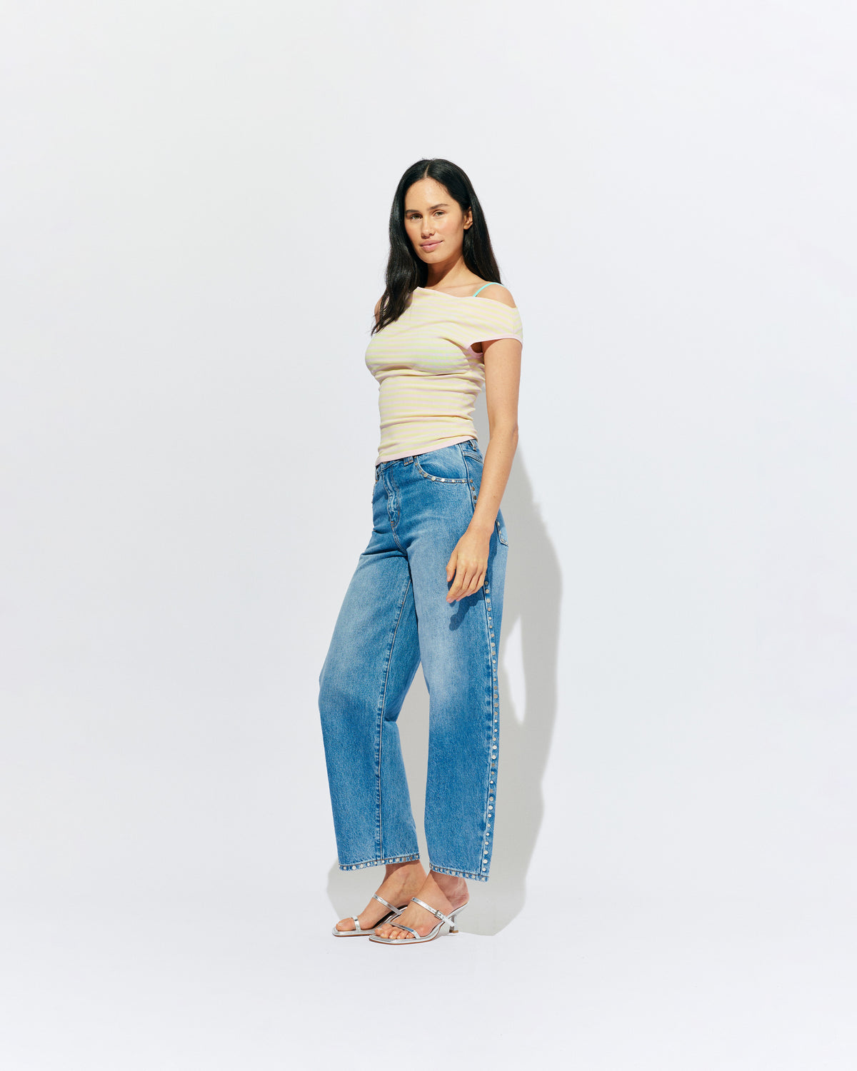 ICON STUDDED JEAN MIDTOWN BLUE | Barrel-leg jean designed in our signature midtown blue wash denim with studded seams. Sits mid to high-waisted with classic 5 pocket and waistband detailing. An updated version of our Icon Jean.