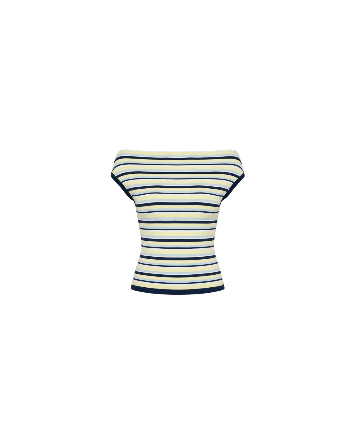 EMMA KNIT TOP LEMON NAVY STRIPE | Off-shoulder knitted top crafted in a lemon navy stripe, mid-weight knit. This top is simple yet fun and can be worn on or off the shoulder.