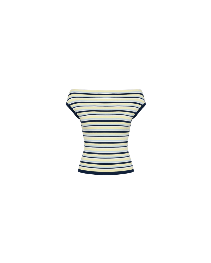 EMMA KNIT TOP LEMON NAVY STRIPE | Off-shoulder knitted top crafted in a lemon navy stripe, mid-weight knit. This top is simple yet fun and can be worn on or off the shoulder.