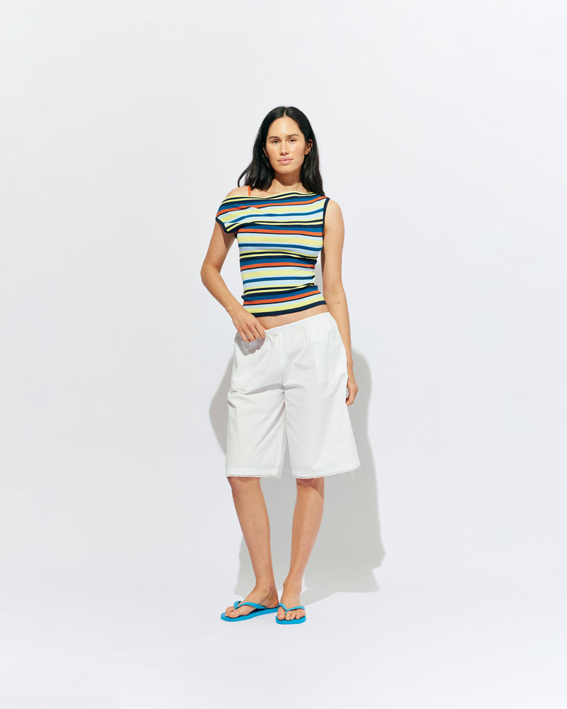 EMMA KNIT TOP MARINE STRIPE | Off-shoulder knitted top crafted in a marine stripe, mid-weight knit. This top is simple yet fun and can be worn on or off the shoulder.