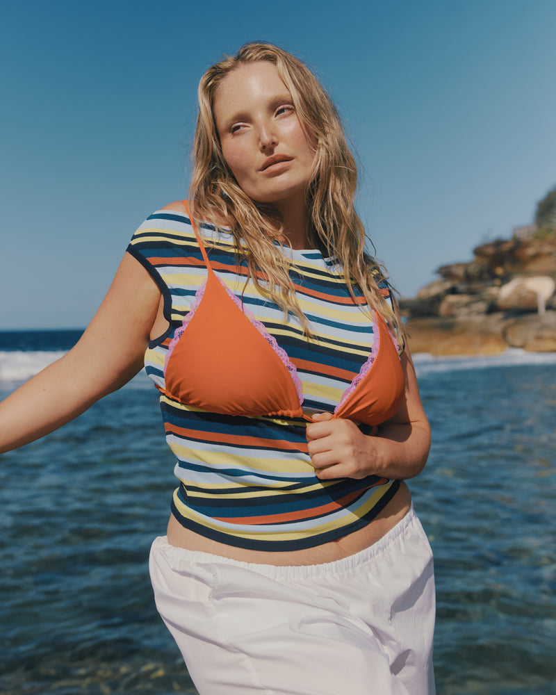 EMMA KNIT TOP MARINE STRIPE | Off-shoulder knitted top crafted in a marine stripe, mid-weight knit. This top is simple yet fun and can be worn on or off the shoulder.