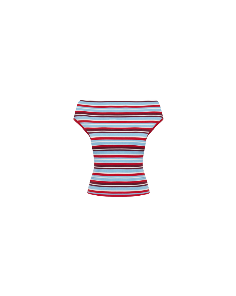 EMMA KNIT TOP POPSICLE STRIPE | Off-shoulder knitted top crafted in a popsicle stripe, mid-weight knit. This top is simple yet fun and can be worn on or off the shoulder.