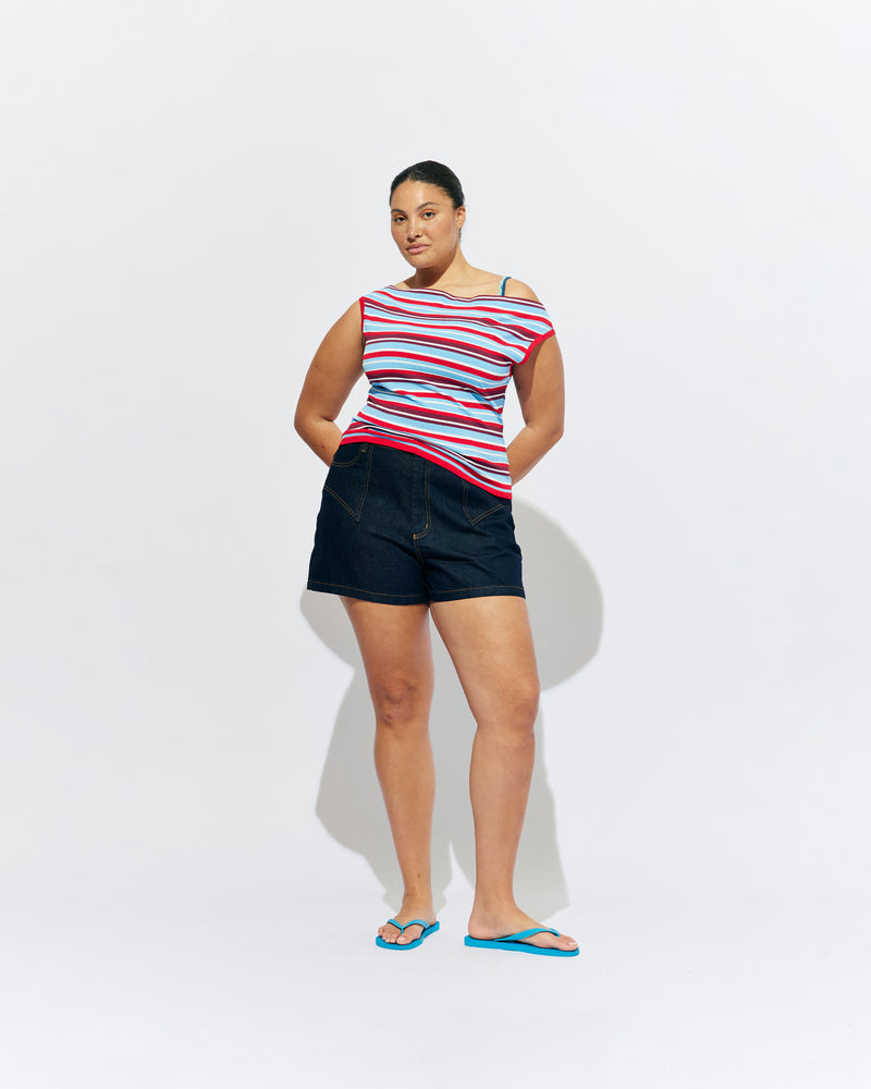EMMA KNIT TOP POPSICLE STRIPE | Off-shoulder knitted top crafted in a popsicle stripe, mid-weight knit. This top is simple yet fun and can be worn on or off the shoulder.