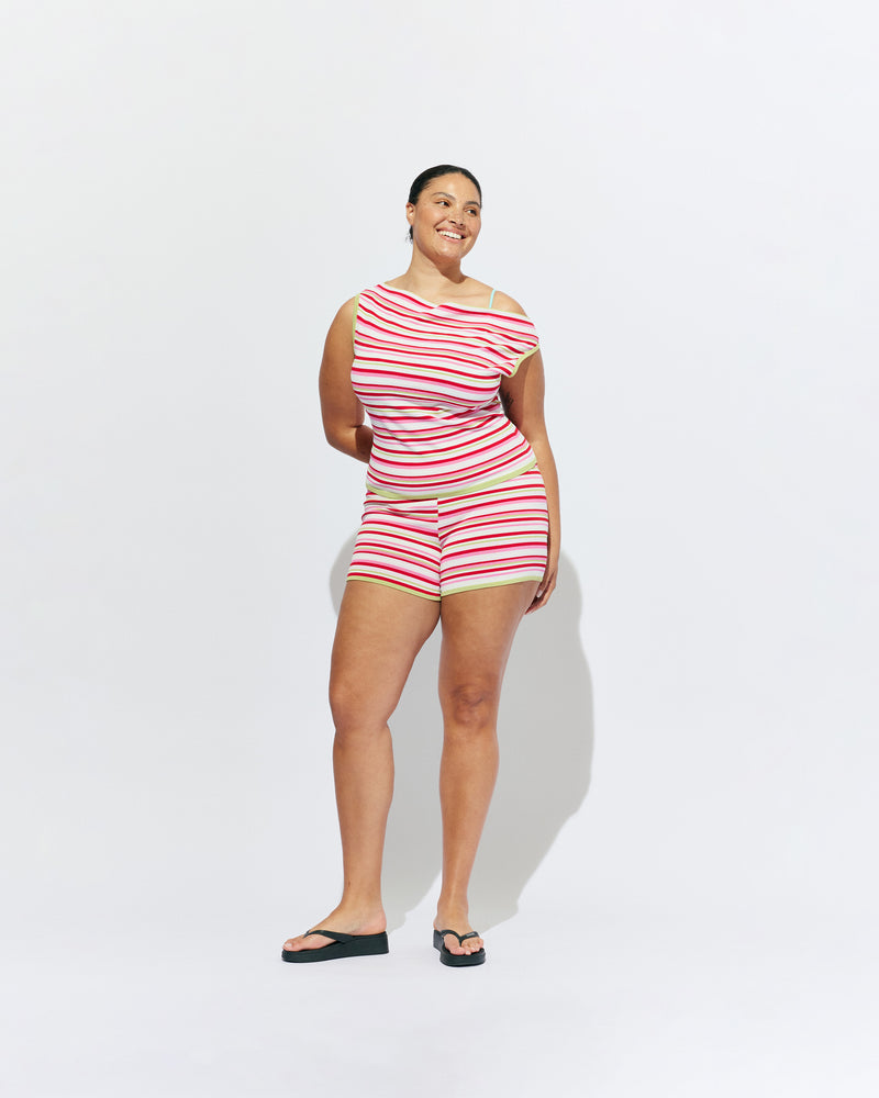 MARLA SHORTS STRAWBERRY FIELDS | Knitted booty shorts, designed in a strawberry fields striped viscose knit. These shorts pair with our Emma Knit Top or look great with a big t-shirt and boots. 