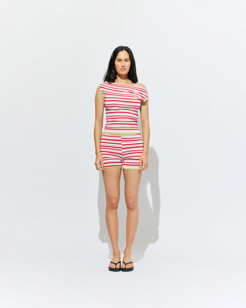 MARLA SHORTS STRAWBERRY FIELDS | Knitted booty shorts, designed in a strawberry fields striped viscose knit. These shorts pair with our Emma Knit Top or look great with a big t-shirt and boots. 