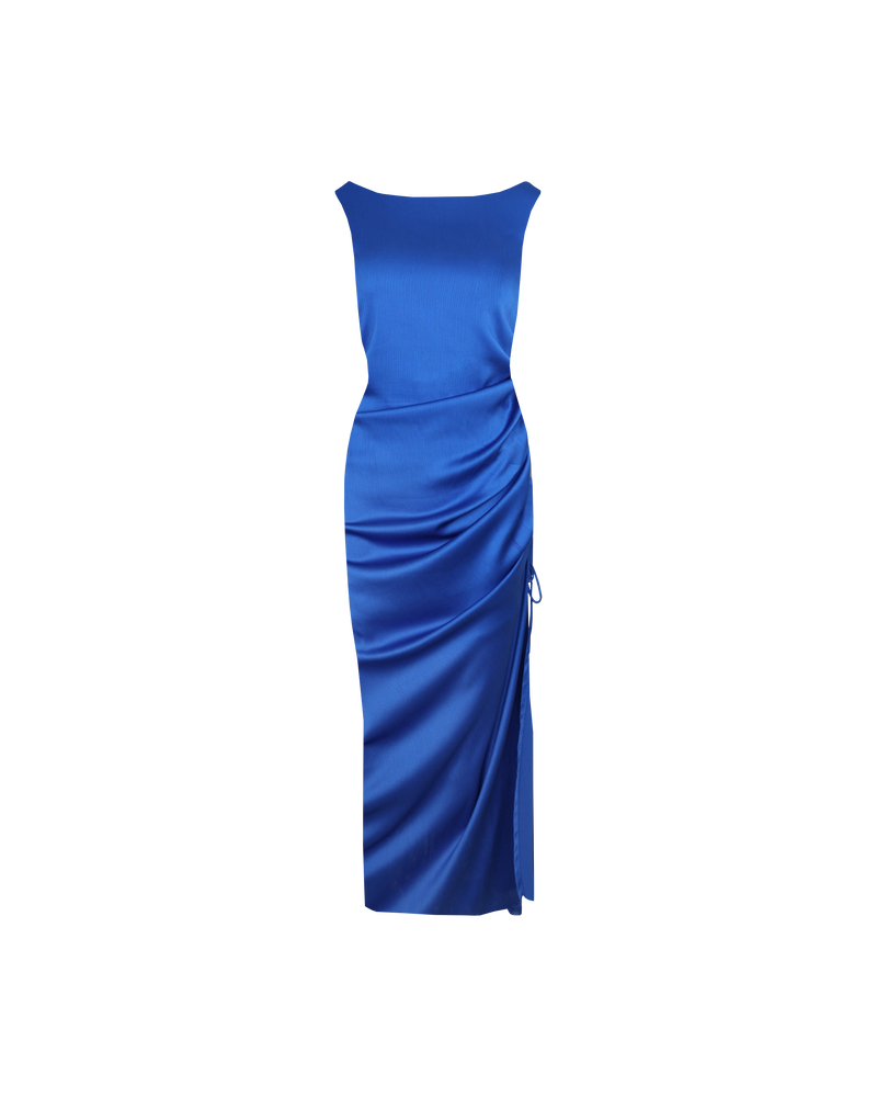ERCOLINI MAXI DRESS BLUE | Maxi dress with a wide straight neckline and side split cut in a luxe textured cobalt fabric. Features a drawstring at the side seam that creates ruching across the body.
