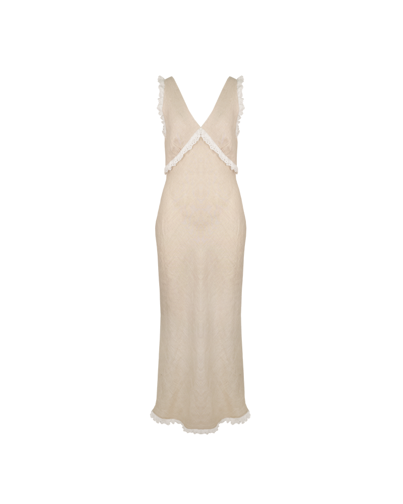 ESME LINEN SLIP DRESS NATURAL | Bias cut midi dress in a soft natural linen, with embroidered lace trim detailing at the bust and arms. Wide straps and a panelled V-neck front and back give this...