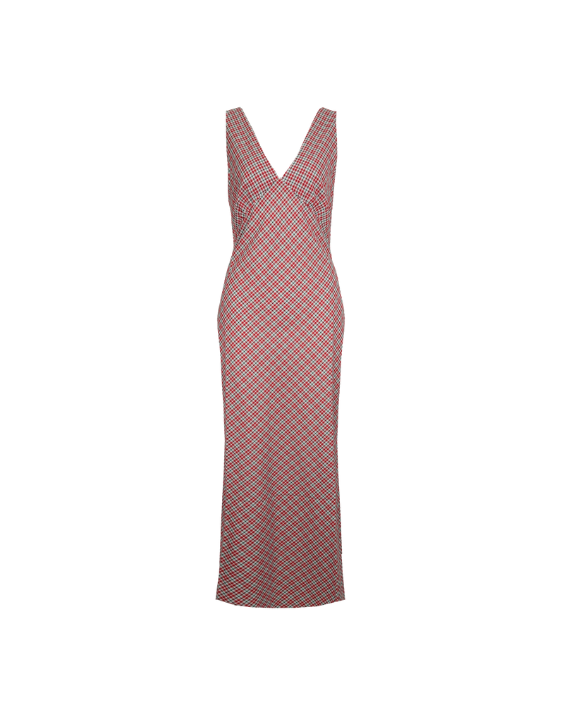 ESME SLIP DRESS BLUE RASPBERRY TARTAN | Bias cut midi dress in a blue and raspberry coloured tartan cotton. Wide straps with a panelled V-neck front and back give this dress a vintage shape. Features a waist...