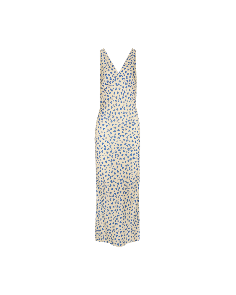 ESME SLIP DRESS BLUE SCATTER HEARTS | Bias cut midi dress in a our RUBY 'scatter hearts' print. Wide straps and a panelled V-neck front and back give this dress a vintage shape. Features a waist tie...