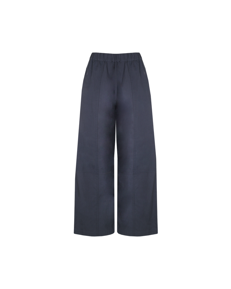 FAI PANT BLUE SLATE | Mid-waist cargo style pant designed in a slate blue cotton fabric. Panel stitch detailing creates a relaxed look while the elastic waistband ensures an easy, comfortable fit.