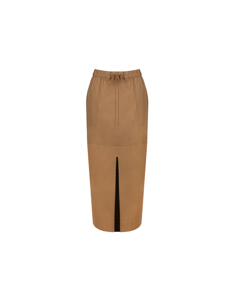 FAI SKIRT TAN | Cargo-style midi skirt with a front split, designed in a camel coloured cotton. Panel stitch detailing creates a relaxed look while the elastic waistband ensures an easy, comfortable fit.