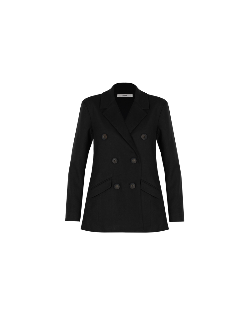 FELIX BLAZER BLACK | Double breasted blazer with a slightly oversized fit and tortoiseshell button closure. With a structured silhouette, this piece strikes the perfect balance between modern and timeless.