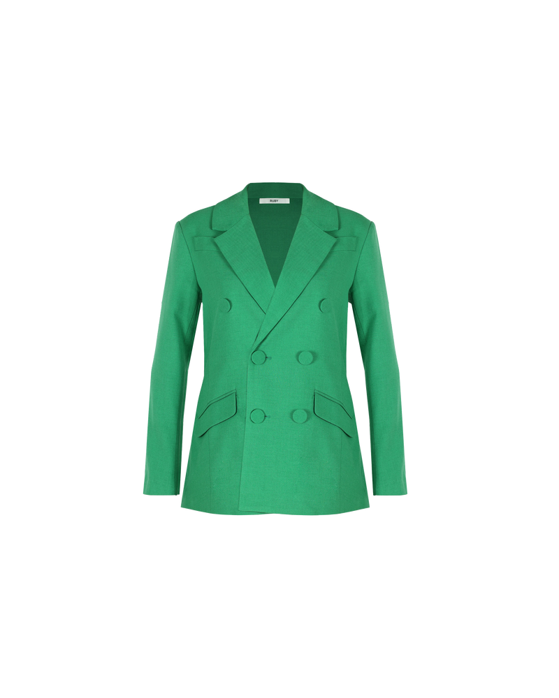 FELIX BLAZER PARAKEET | Double breasted blazer with a slightly oversized fit and self covered button closure. The classic shape of this piece combined with the vibrant parakeet green shade strikes the perfect balance...