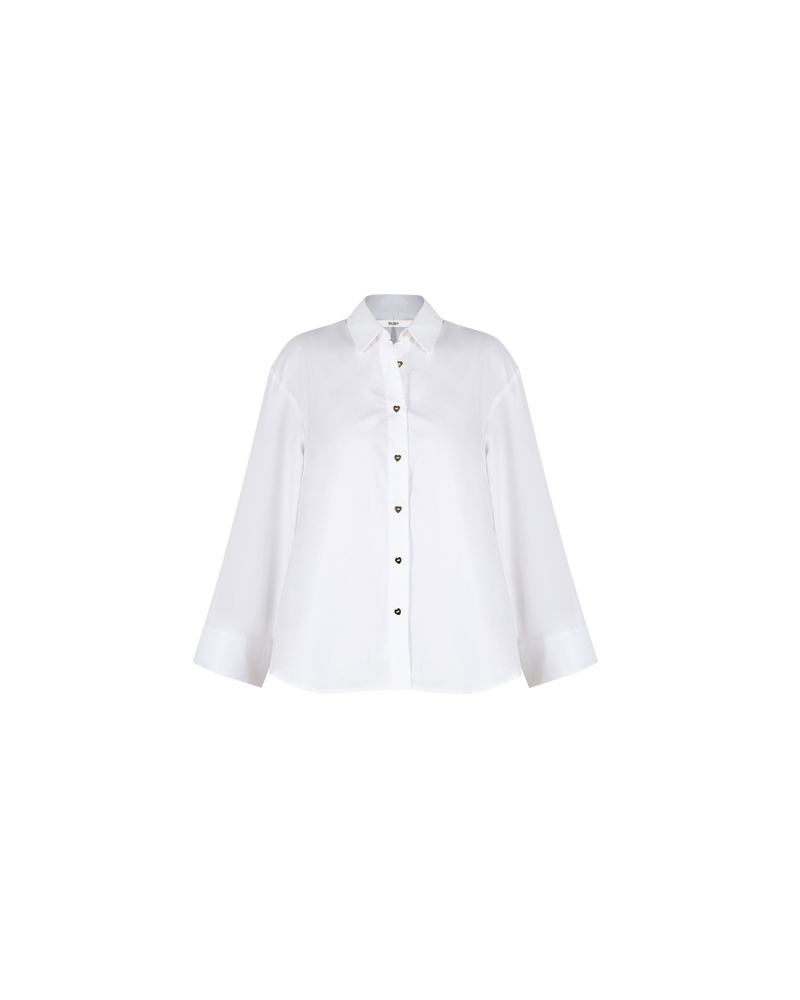 FELIX SHIRT WHITE | Button down shirt with an exaggerated bell sleeve and gold heart buttons. A fresh take on classic shirting, small details such as the sleeves and buttons elevate this piece.