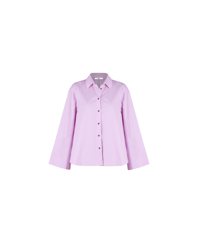 FELIX SHIRT PINK | Button down shirt with an exaggerated bell sleeve and gold heart buttons. A fresh take on classic shirting, small details such as the sleeves and buttons elevate this piece.