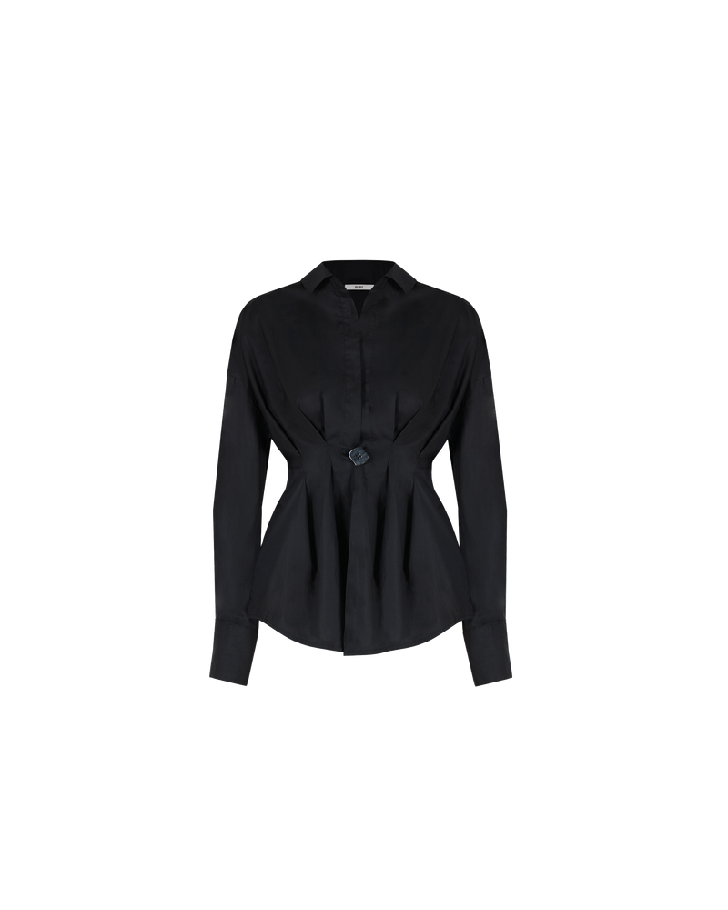 FIONA PLEAT SHIRT BLACK | Longsleeve shirt in a structured silhouette that is nipped in at the waist with a large square button. Cuffed longsleeves, a yoke line and a pointed collar create a tailored...