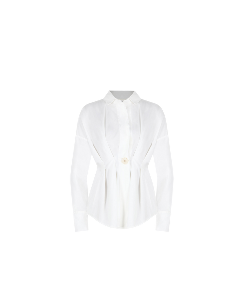 FIONA PLEAT SHIRT WHITE | Longsleeve shirt in a structured silhouette that is nipped in at the waist with a large square button. Cuffed longsleeves, a yoke line and a pointed collar create a tailored...