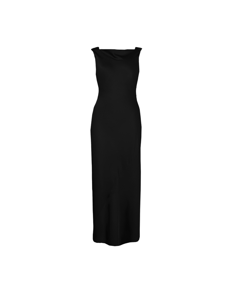 FIREBIRD COWL GOWN BLACK | Sleeveless midi dress crafted in luxe black satin. Features a minimal silhouette with a cowl back detail and a tie to cinch in the waist.
