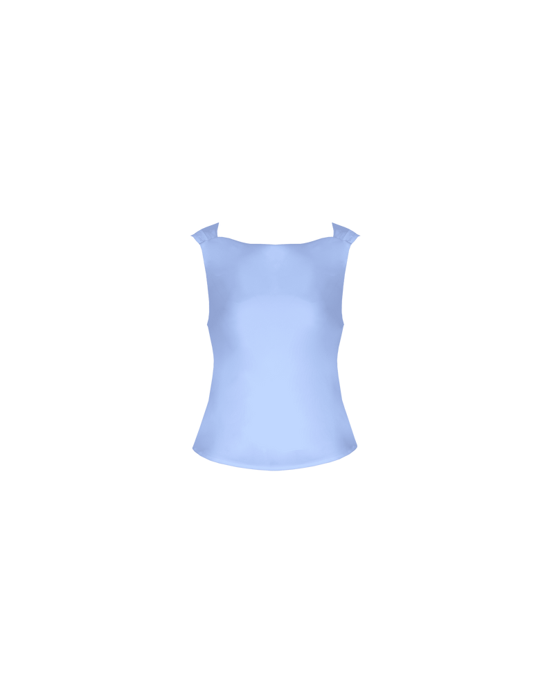 FIREBIRD COWL SLEEVELESS TOP SERENITY | Sleeveless top crafted in a luxe serenity blue satin. Features a minimal silhouette with a cowl back detail and a tie to cinch in the waist.
