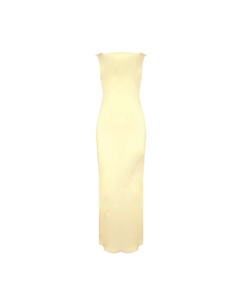 FIREBIRD COWL GOWN BUTTER | Sleeveless midi dress crafted in rich butter satin. Features a minimal silhouette with a cowl back detail and a tie to cinch in the waist.