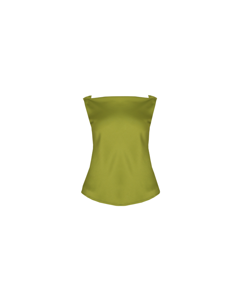 FIREBIRD COWL SLEEVELESS TOP PEA GREEN | Sleeveless top crafted in a luxe pea green satin. Features a minimal silhouette with a cowl back detail and a tie to cinch in the waist.