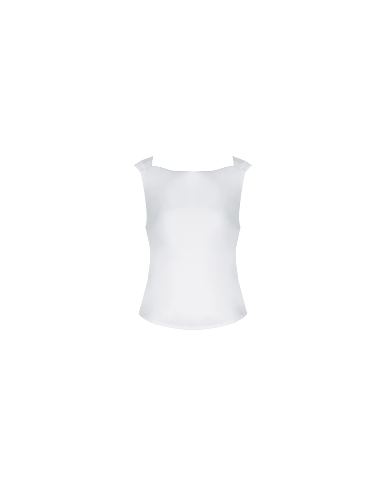 FIREBIRD COWL SLEEVELESS TOP IVORY | Sleeveless top crafted in a luxe ivory satin. Features a minimal silhouette with a cowl back detail and a tie to cinch in the waist.