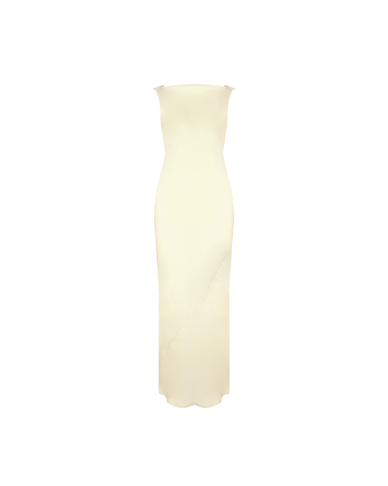 FIREBIRD COWL GOWN BUTTER | Sleeveless midi dress crafted in rich butter satin. Features a minimal silhouette with a cowl back detail and a tie to cinch in the waist.