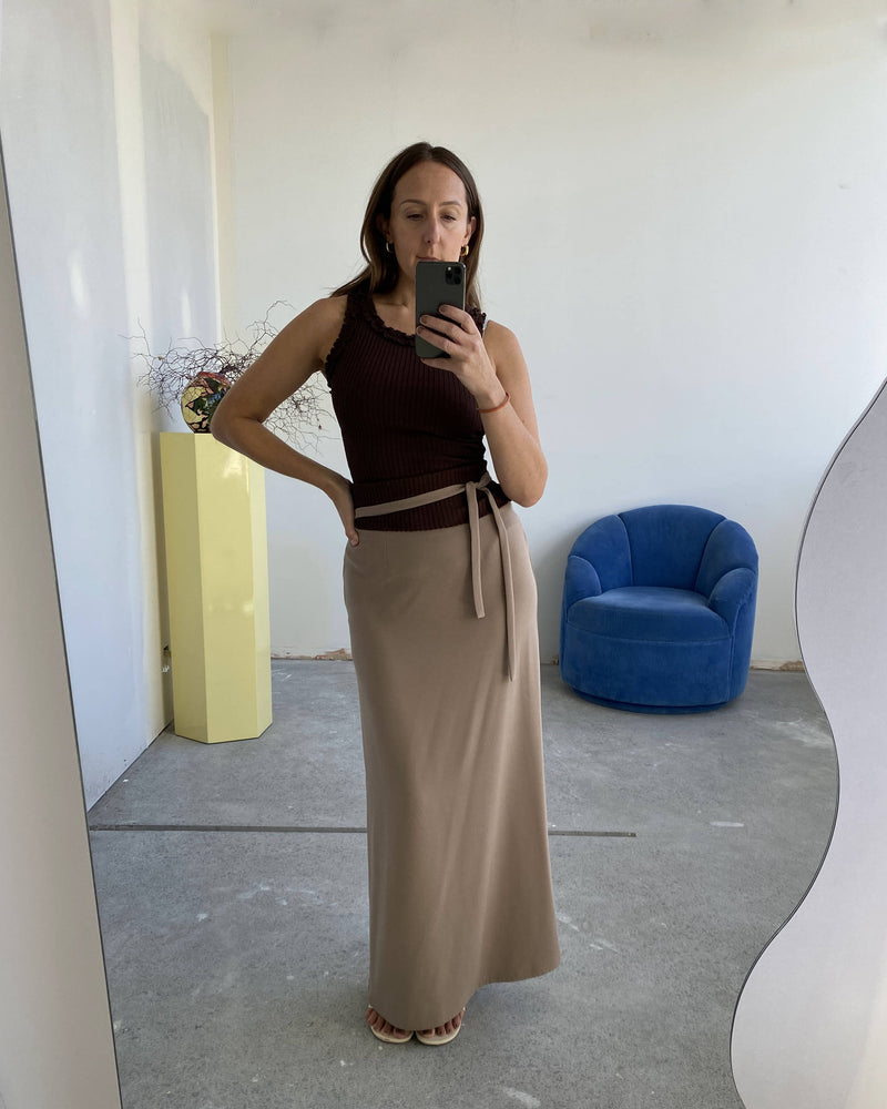 RSR SAMPLE 3262 FIREBIRD TIE MAXI SKIRT | RUBY Sample Firebird Tie Maxi Skirt in taupe. Size 8. One available. Deanna usually wears a size 8.