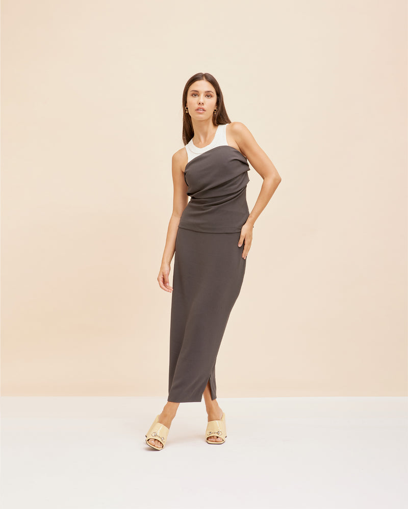 FIREBIRD BODICE COAL | Coal coloured bodice style top with pleated detail down the front, crafted in a crepe fabric that adds to the structure of the piece. In a strapless silhouette, this piece...