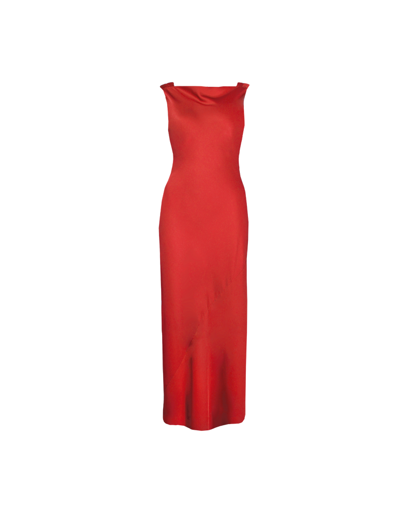 FIREBIRD COWL GOWN CHILLI | Sleeveless midi dress crafted in rich chilli satin. Features a minimal silhouette with a cowl back detail and a tie to cinch in the waist.