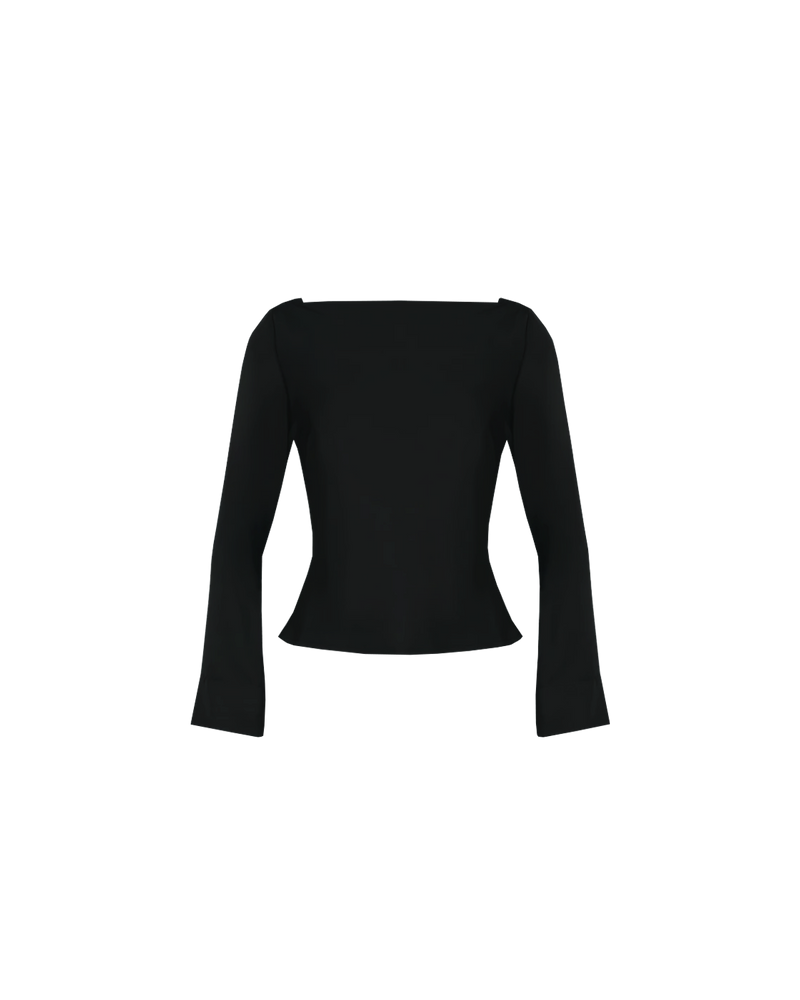 FIREBIRD COWL TOP BLACK | Longsleeve blouse with a cowl neck scoop back, crafted in a matte crepe fabric. A minimal silhouette with an unexpected detail in the draped back neck and a tie to cinch...