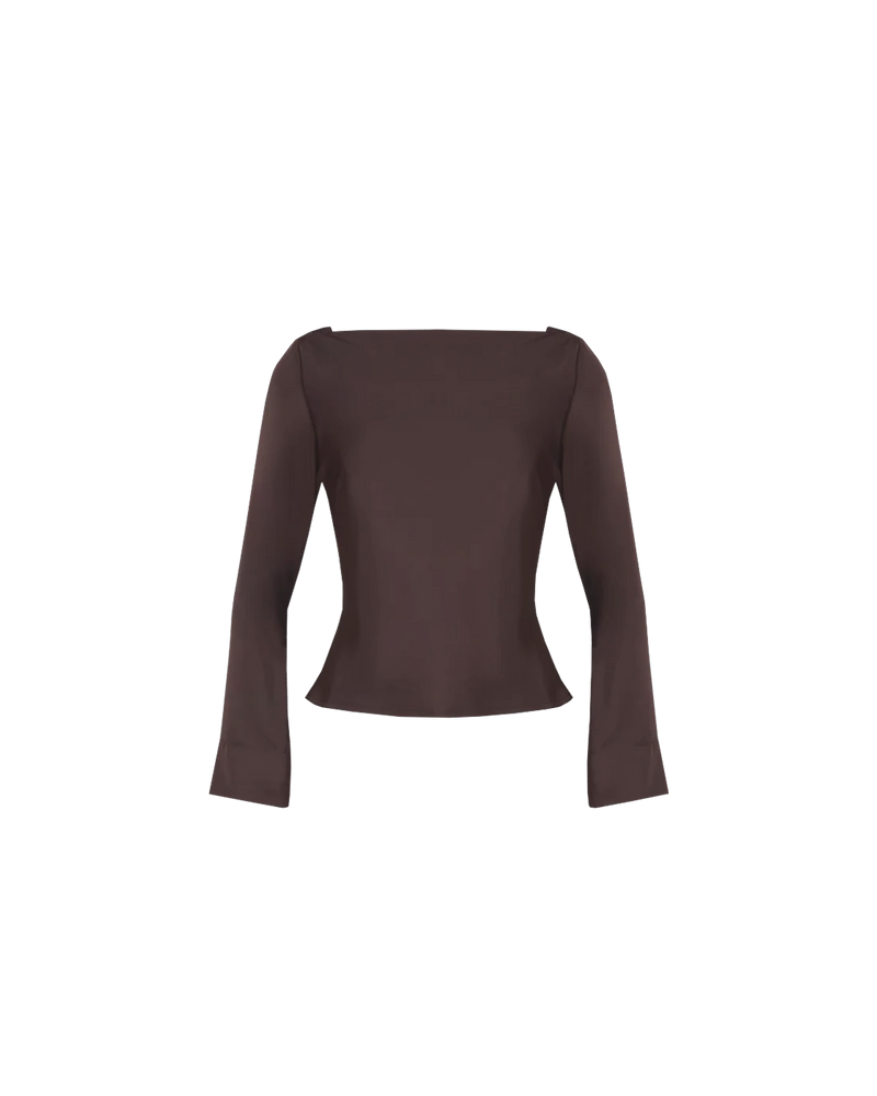 FIREBIRD COWL TOP JAVA | Longsleeve blouse with a cowl neck scoop back, crafted in a matte crepe fabric. A minimal silhouette with an unexpected detail in the draped back neck and a tie to cinch...