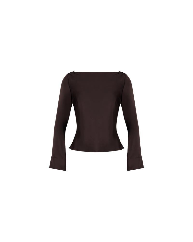 FIREBIRD SATIN COWL TOP ESPRESSO | Longsleeve blouse with a cowl neck scoop back, crafted in sleek espresso coloured satin. A minimal silhouette with an unexpected detail in the draped back neck and a tie to...