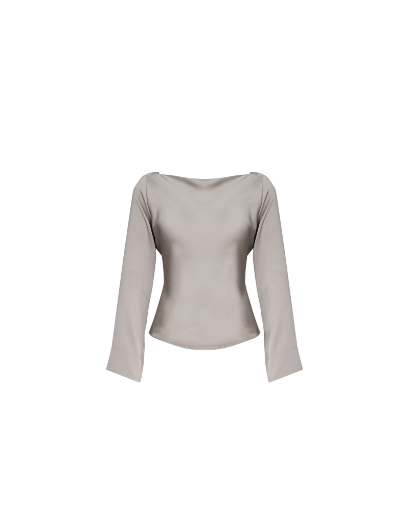 FIREBIRD SATIN COWL TOP MOONROCK | Longsleeve blouse with a cowl neck scoop back, crafted in sleek moonrock coloured satin. A minimal silhouette with an unexpected detail in the draped back neck and a tie to cinch...