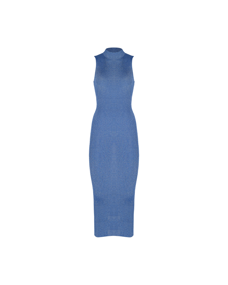 FLASH DRESS - UPSIDE DOWN SAPPHIRE | Sleeveless mock neck dress crafted in a standout chain mail knit in a metallic sapphire colour. The weight of this knit feels luxurious to wear and gives the dress a slim...