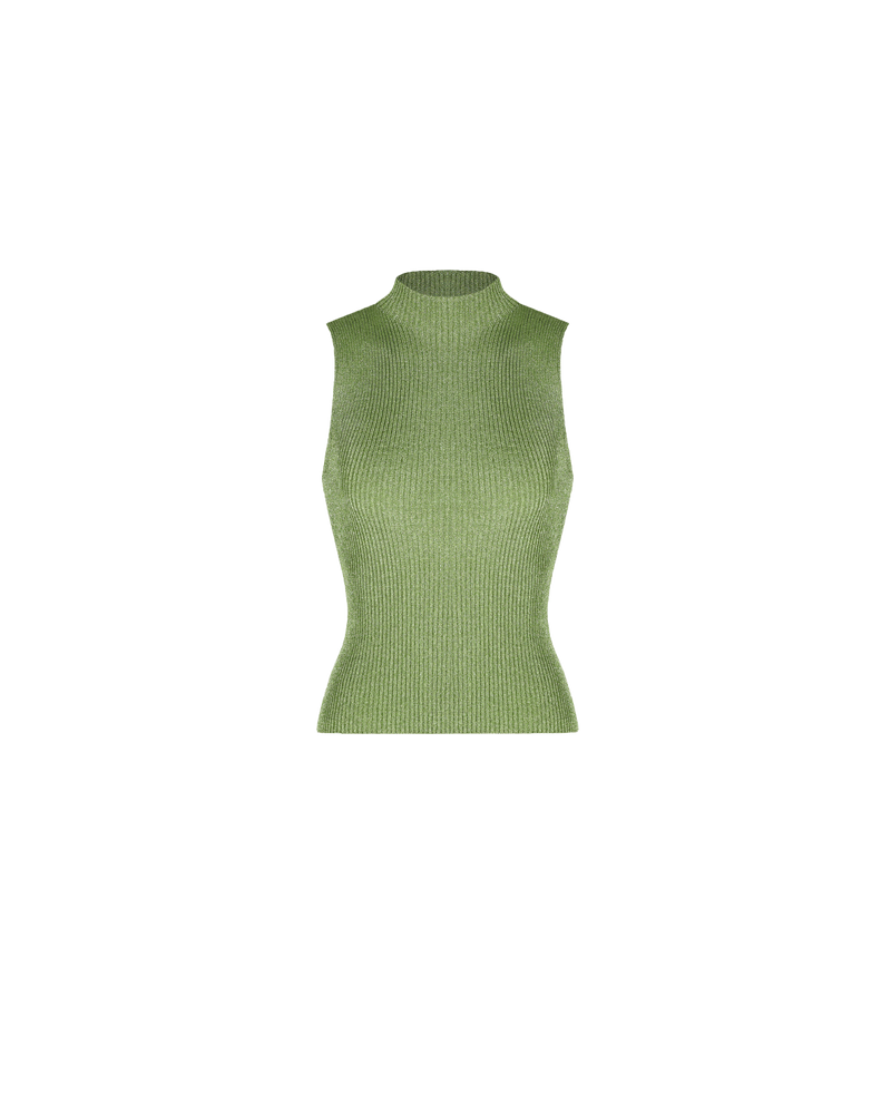 FLASH TANK GREEN | Sleeveless mock neck top crafted in a standout chain mail knit in a metallic green colour. The weight of this knit feels and looks luxurious to wear.