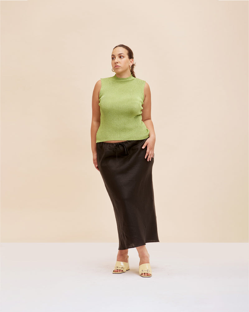 FLASH TANK GREEN | Sleeveless mock neck top crafted in a standout chain mail knit in a metallic green colour. The weight of this knit feels and looks luxurious to wear.